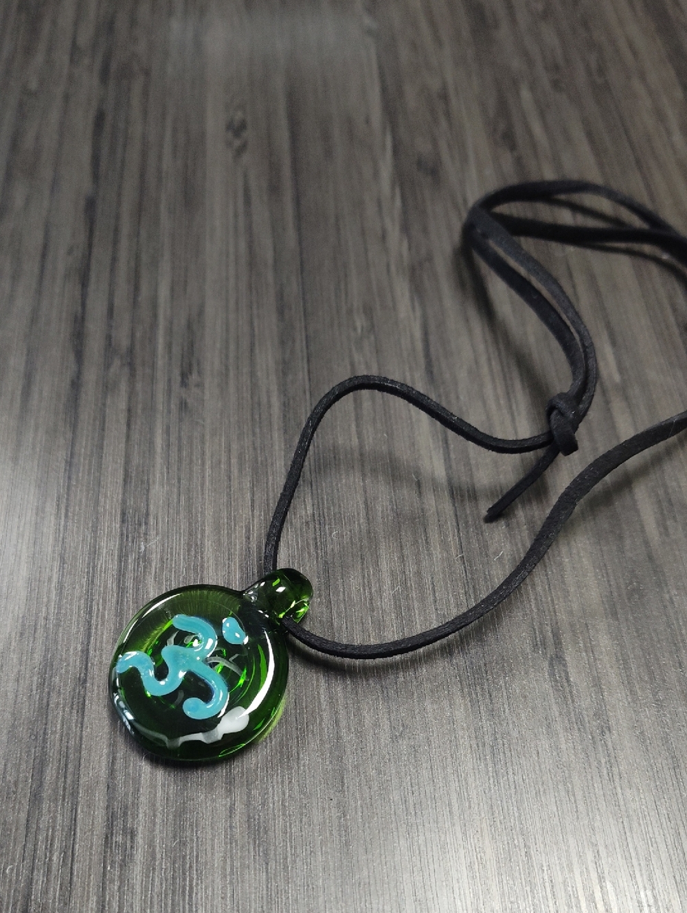 Green Glass Om Necklace on Black Adjustable Cord - Handmade